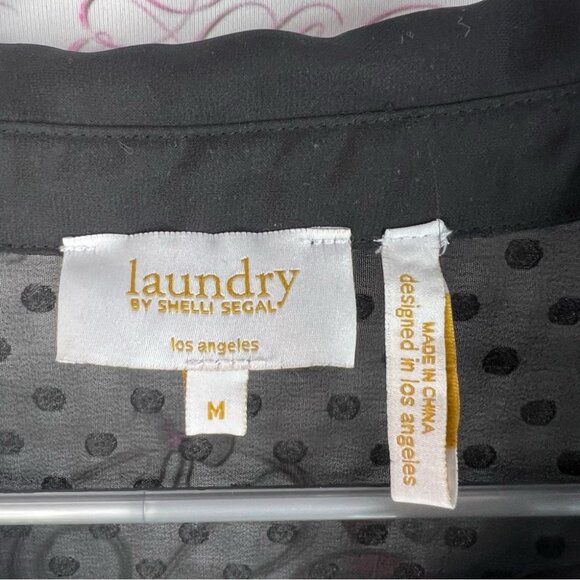 Laundry By Shelli Segal long sleeve dotted Polka dot buttons Black Sheer Blouse - Picture 11 of 13